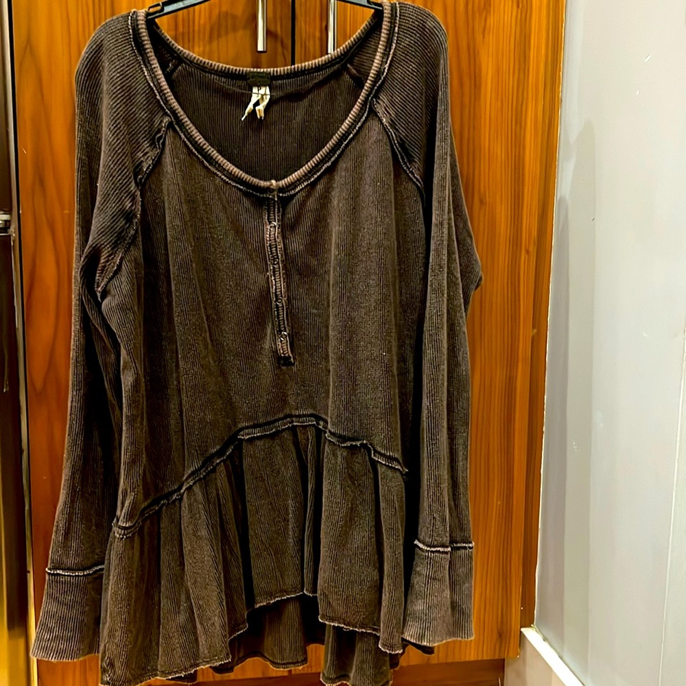 Free People Waffle Gorgeous Long Sleeved Top in Distressed Black